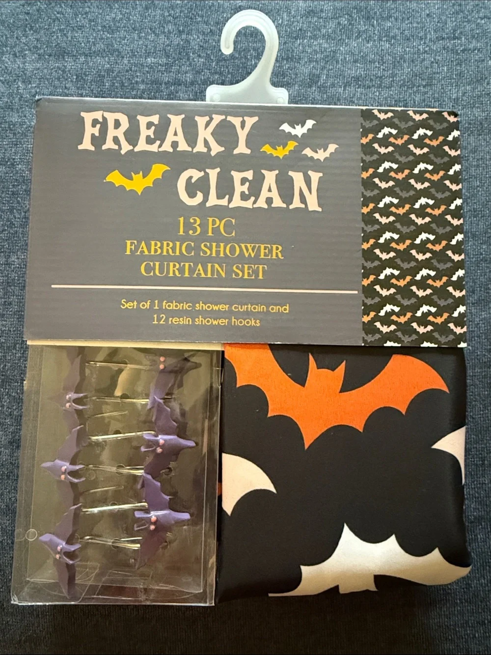New Halloween Bat Fabric Shower Curtain Set - Black, Purple & Orange with hooks.